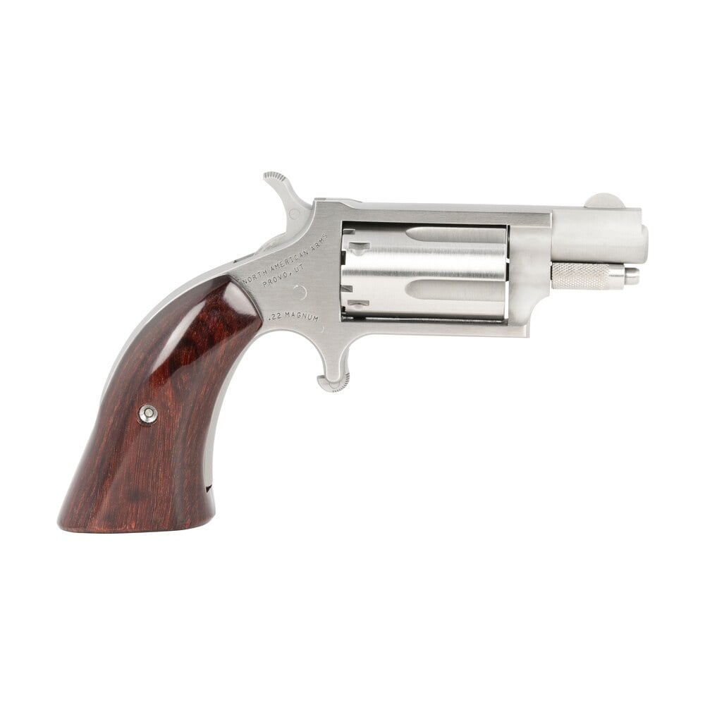 north american arms 22msgbg mini revolver sports south exclusive 22 wmr 5 shot 1.13″ stainless steel barrel, frame & cylinder, wood boot grip, exposed hammer North American Arms 22MSGBG Mini-Revolver Sports South Exclusive 22 WMR 5 Shot 1.13" Stainless Sports South item 18876