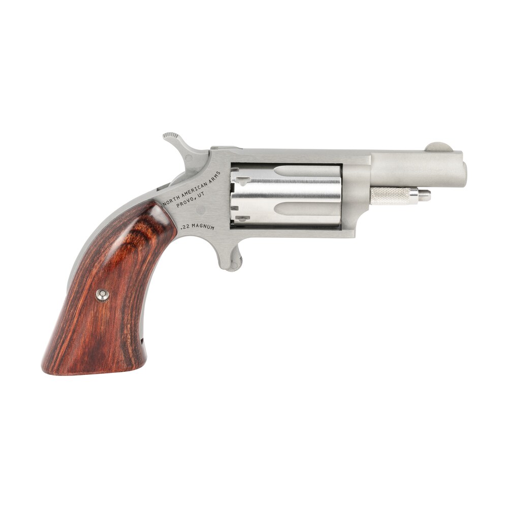 north american arms 22mgbg mini revolver sports south exclusive 22 wmr 5 shot 1.63″ stainless steel barrel, frame & cylinder, wood boot grip, exposed hammer North American Arms 22MGBG Mini-Revolver Sports South Exclusive 22 WMR 5 Shot 1.63" Stainless Sports South item 18877
