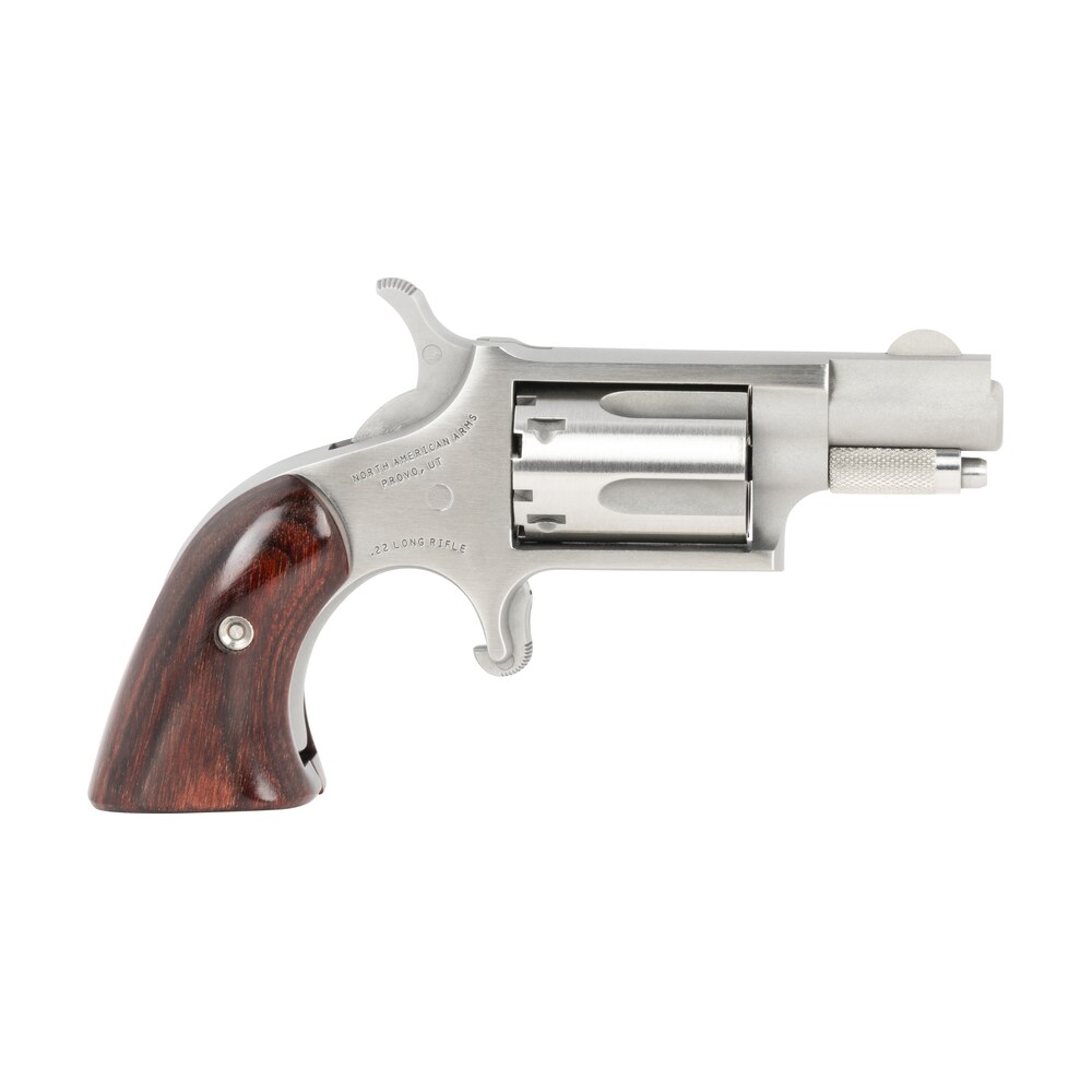 north american arms 22lrgbg mini revolver sports south exclusive 2 lr 5 shot 1.13″ stainless steel barrel, frame & cylinder, wood boot grip, exposed hammer North American Arms 22LRGBG Mini-Revolver Sports South Exclusive 2 LR 5 Shot 1.13" Stainless Sports South item 18878