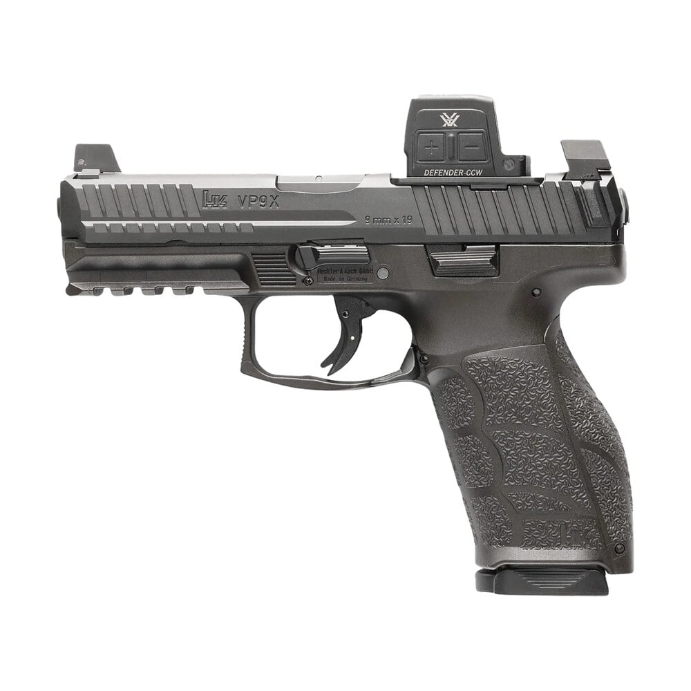 hk 81001357 vp9a1 x w/optic full size frame 9mm luger 15+1 4.09" black barrel, black steel serrated w/optic slide, black polymer frame w/picatinny rail, textured grip, vortex ccw HK 81001357 VP9A1 X w/Optic Full Size Frame 9mm Luger 15+1 4.09" Black Sports South item 189185