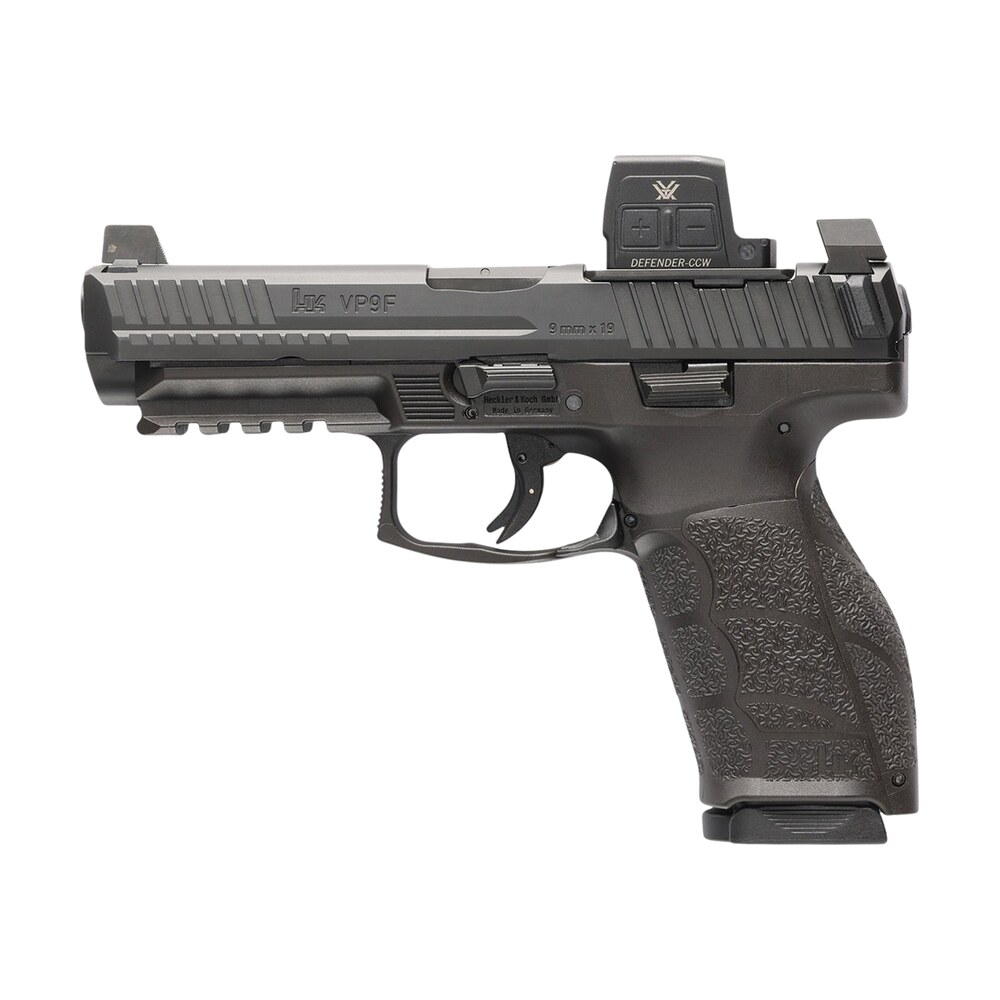 hk 81001351 vp9a1 f w/optic 9mm luger 15+1 4.53" black barrel & steel serrated w/optic slide, black polymer frame w/picatinny rail, textured grip, vortex ccw HK 81001351 VP9A1 F w/Optic 9mm Luger 15+1 4.53" Black Barrel & Steel Serrated w/Optic Sports South item 189189
