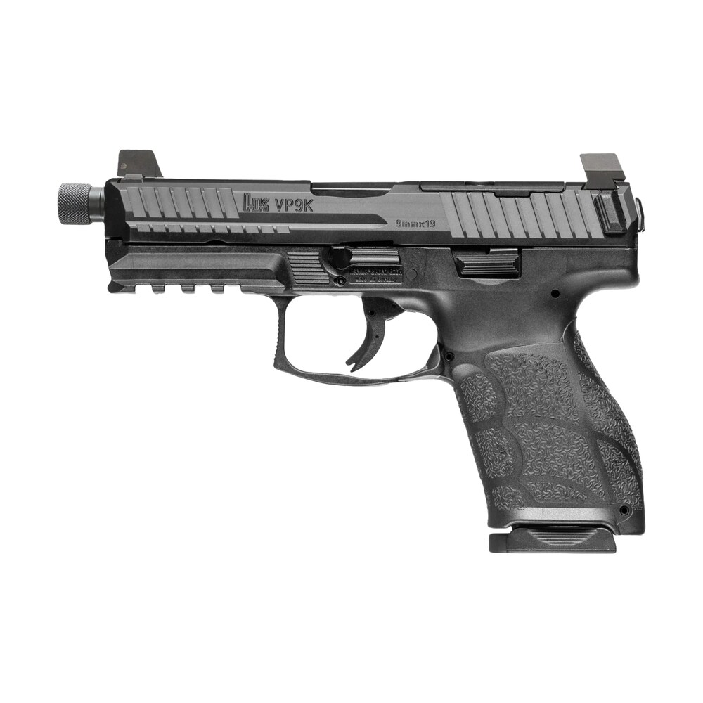 hk 81001231 vp9a1 k tactical 9mm luger 10+1 4.70" black threaded barrel, black steel optic ready/serrated slide, black polymer frame w/picatinny rail, textured grip HK 81001231 VP9A1 K Tactical 9mm Luger 10+1 4.70" Black Threaded Sports South item 189191