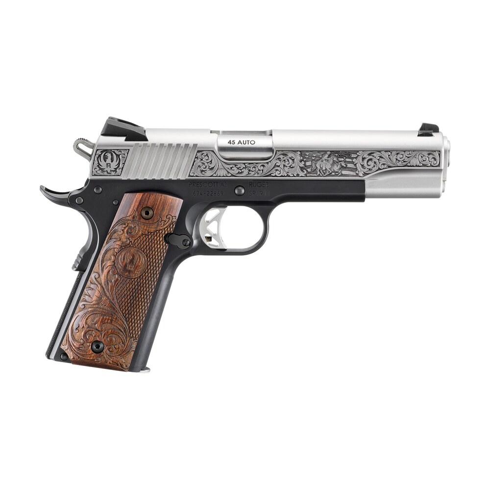 ruger 16706 sr1911 limited edition 45 acp 8+1 5" stainless steel barrel, low glare stainless steel serrated w/engraving slide, black anodized aluminum frame w/beavertail, custom wood engraved grip Ruger 16706 SR1911 Limited Edition 45 ACP 8+1 5" Stainless Steel Sports South item 189443