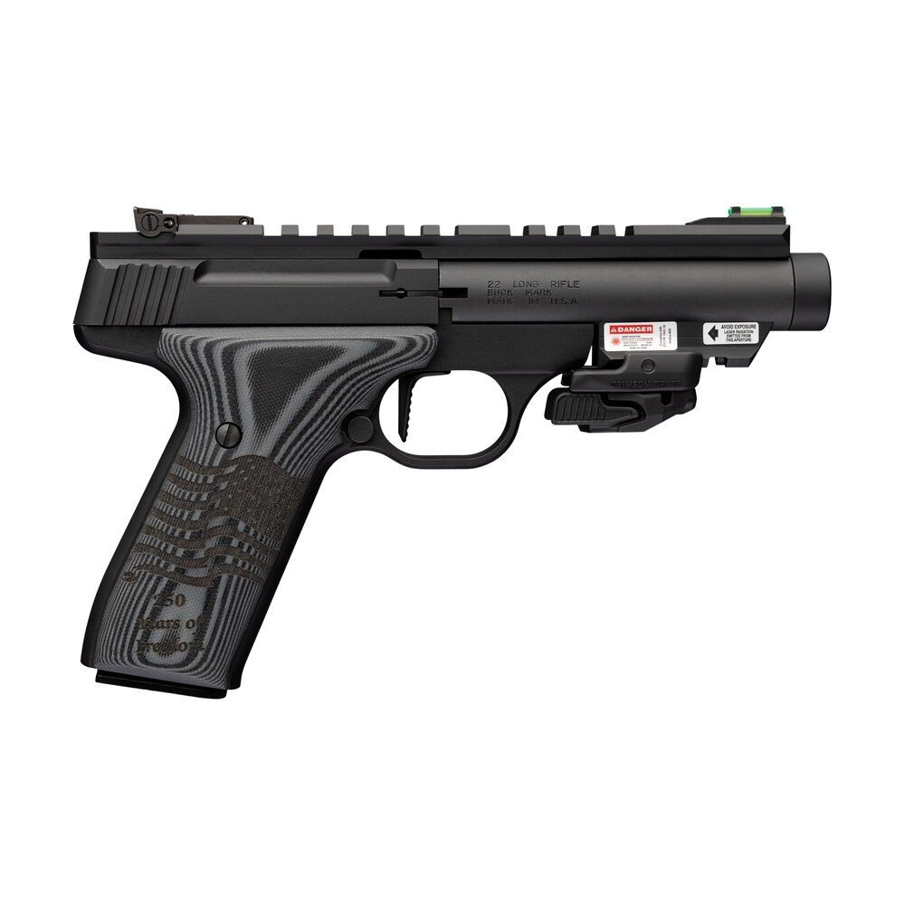browning 051612490 buck mark black label 250 sr 22 lr 10+1 4.40" matte black threaded bull barrel, matte black aluminum frame w/picatinny rail top & bottom, black g10 grip w/ inscribed waving flag, cr Browning 051612490 Buck Mark Black Label 250 SR 22 LR 10+1 4.40" Matte Black Threaded Bull Sports South item 191131