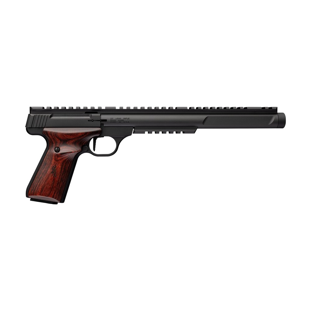 browning 051613490 buck mark hunter varmint sr 22 lr 10+1 10.50" matte black threaded barrel, matte black aluminum frame w/top & lower picatinny rail, rosewood laminate w/buckmark grip Browning 051613490 Buck Mark Hunter Varmint SR 22 LR 10+1 10.50" Matte Black Threaded Sports South item 191132