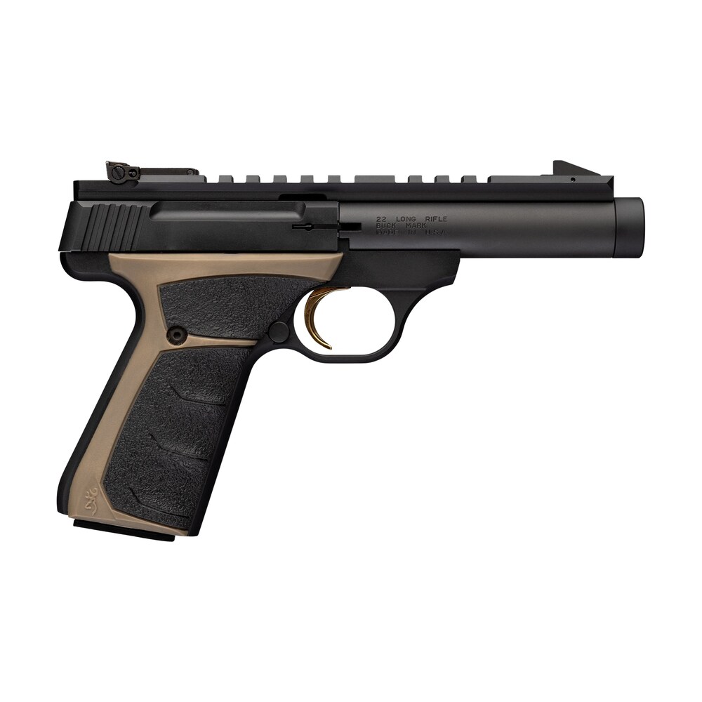 browning 051614490 buck mark field target 22 lr 10+1 4.40" matte black bull threaded barrel, picatinny rail receiver, matte black fde w/black overmold grip Browning 051614490 Buck Mark Field Target 22 LR 10+1 4.40" Matte Black Bull Threaded Sports South item 191133