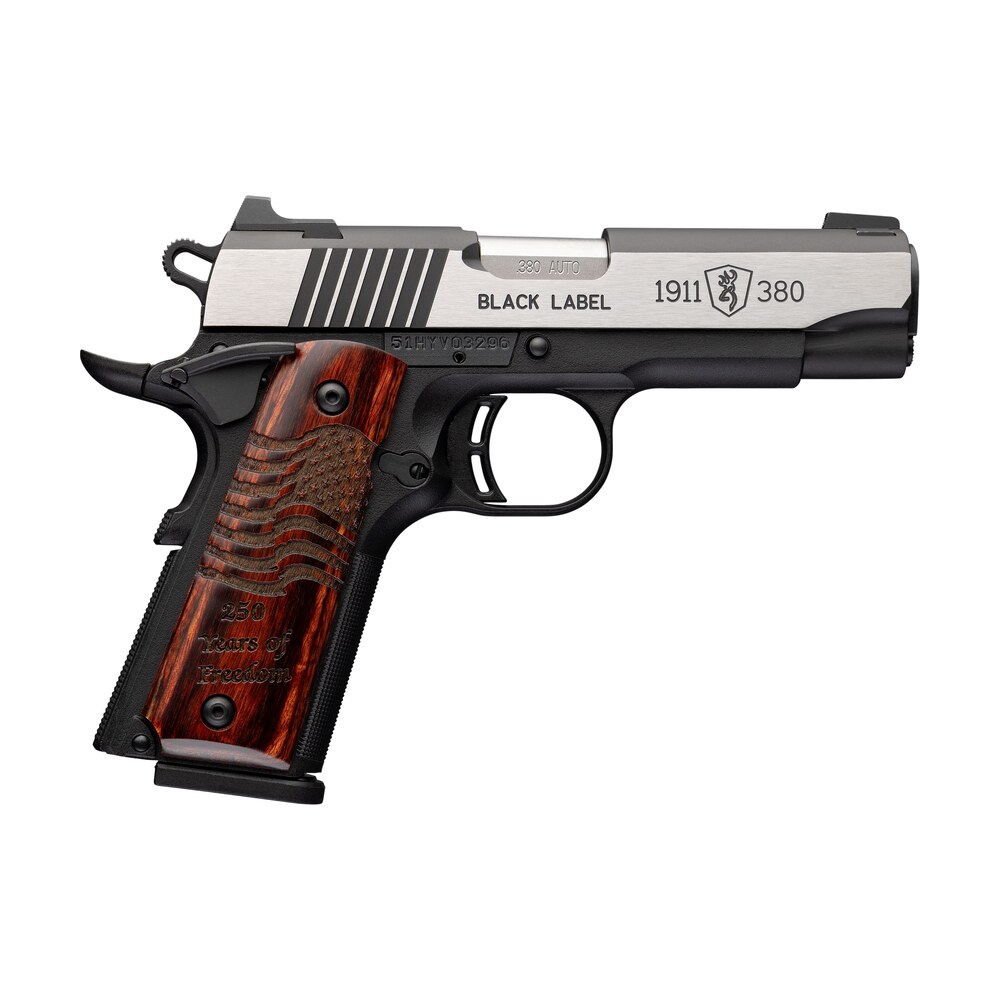 browning 051123492 1911 black label medallion pro 250 compact frame 380 acp 8+1 3.63" stainless steel barrel, stainless steel w/blackened slide flats serrated slide, matte black aluminum frame w/beave Browning 051123492 1911 Black Label Medallion Pro 250 Compact Frame 380 ACP 8+1 3.63" Stainless Sports South item 191144