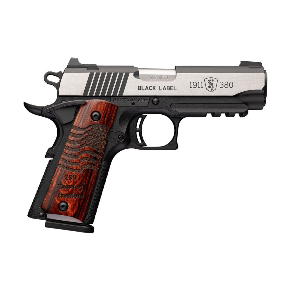 browning 051125492 1911 black label medallion 250 compact 380 acp 8+1 3.63" matte stainless barrel & blackened w/silver polished flats serrated slide, matte black polymer frame w/beavertail & picatin Browning 051125492 1911 Black Label Medallion 250 Compact 380 ACP 8+1 3.63" Matte Stainless Sports South item 191146