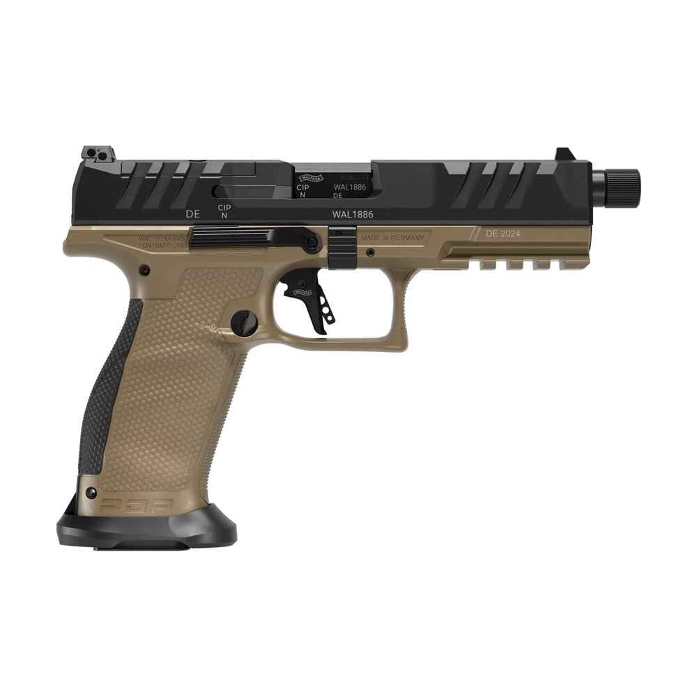 walther arms 2871955 pdp pro sd full size 9mm luger 10+1 5.10" black threaded barrel, black optic ready/serrated slide, flat dark earth polymer frame w/picatinny rail, textured polymer grip Walther Arms 2871955 PDP Pro SD Full Size 9mm Luger 10+1 5.10" Black Threaded Sports South item 191184