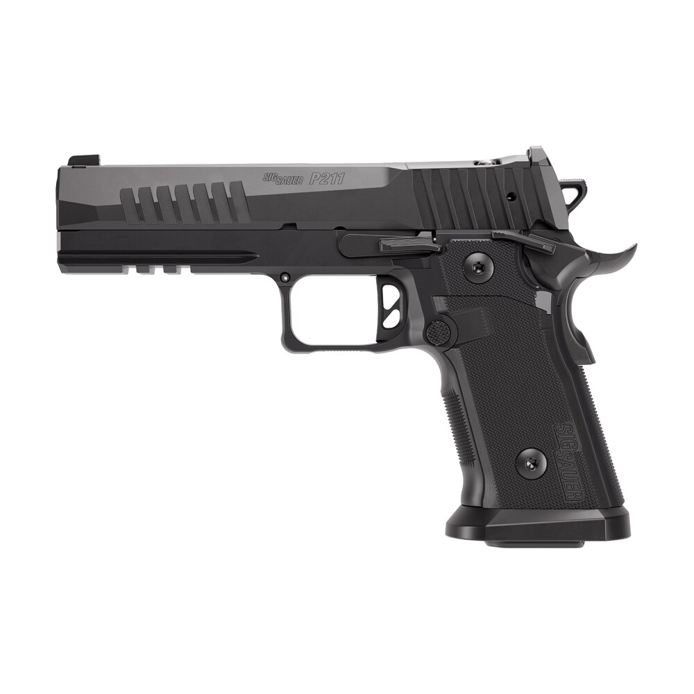 sig sauer 211f9gt5 p211 gt5 full size 9mm luger 21+1 5" black barrel, black nitron stainless steel optic ready/serrated slide & frame w/beavertail & picatinny rail, g10 grip panels, sigloc pro footpri Sig Sauer 211F9GT5 P211 GT5 Full Size 9mm Luger 21+1 5" Black Sports South item 191992