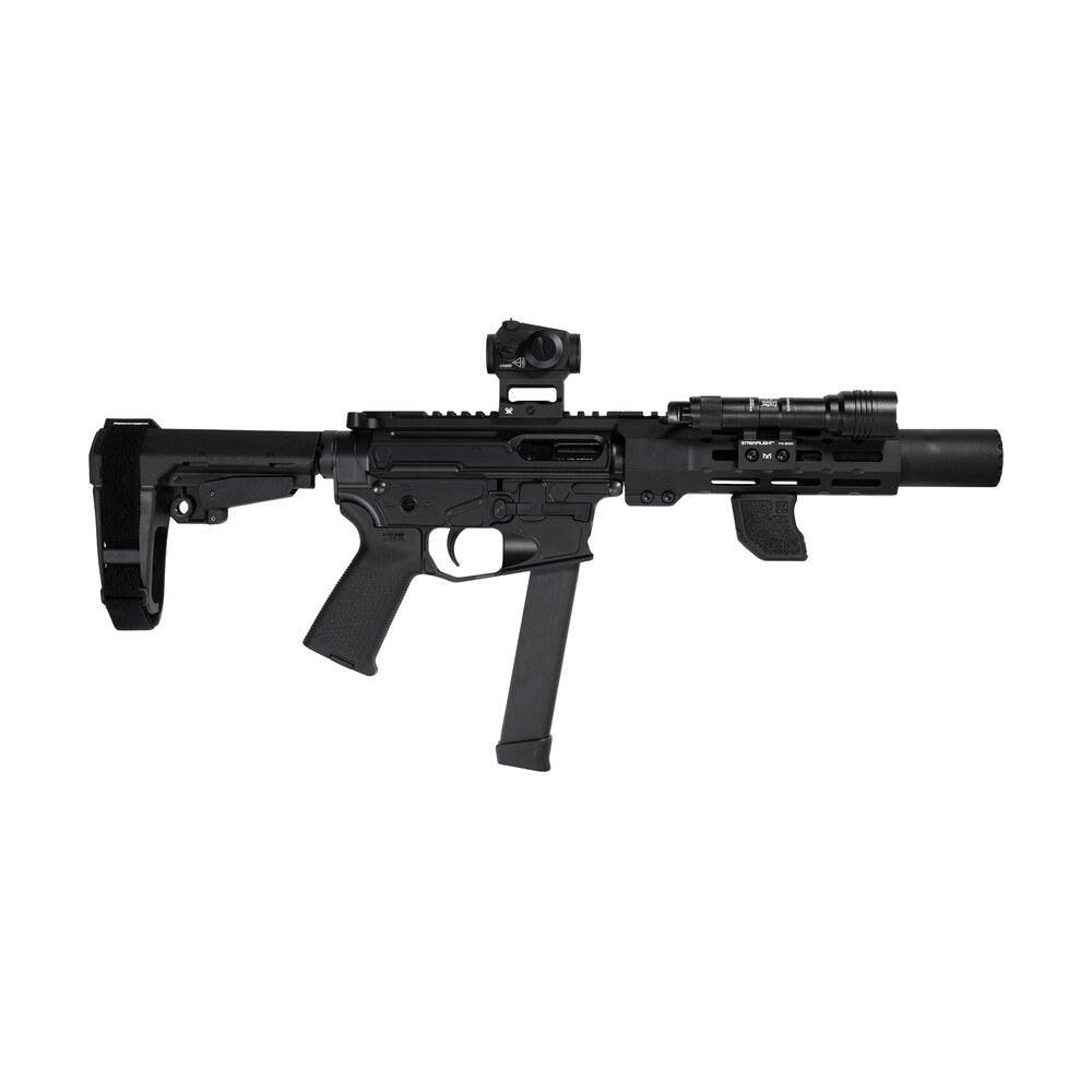 shark coast tactical scc06704spbo9 d sneeky pete deluxe w/optic 9mm luger 30+1 5.50" black melonite threaded barrel, black cerakote receiver, sb tactical sba3 brace, vortex crossfire red dot, streamli Shark Coast Tactical SCC06704SPBO9-D Sneeky Pete Deluxe Sports South item 192516