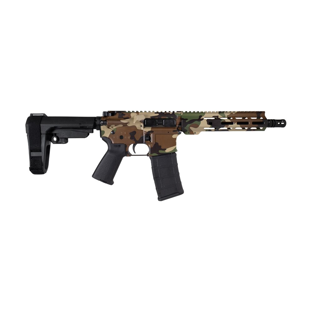shark coast tactical scc07206m81 p woodland camo 5.56 nato 30+1 black nitride threaded barrel, aluminum receiver w/picatinny rail, m lok handguard, polymer sb tactical sba3 brace, magpul moe grip, rig Shark Coast Tactical SCC07206M81-P Woodland Camo 5.56 NATO 30+1 Black Nitride Threaded Sports South item 193726