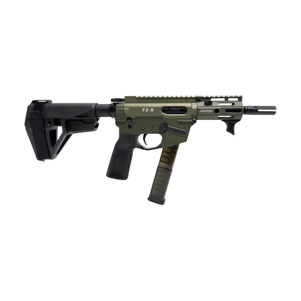 freedom ordance fx9p4e odg fx9p elite 9mm luger 4" black nitride threaded barrel, od green anodized aluminum receiver w/picatinny rail, m lok handguard, black polymer sb tactical sba5 brace, black pol Freedom Ordance FX9P4E-ODG FX9P Elite 9mm Luger 4" Black Nitride Threaded Sports South item 194050