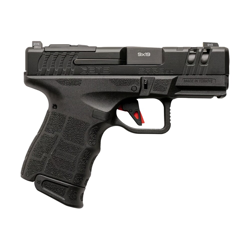 sarsilmaz sar9scg3bl10 sar9 gen3 sub compact 9mm luger 10+1 3.30" black barrel, black steel optic cut/serrated slide, black polymer frame w/picatinny rail, textured grip, rmsc footprint Sarsilmaz SAR9SCG3BL10 SAR9 Gen3 Sub-Compact 9mm Luger 10+1 3.30" Black Sports South item 194638