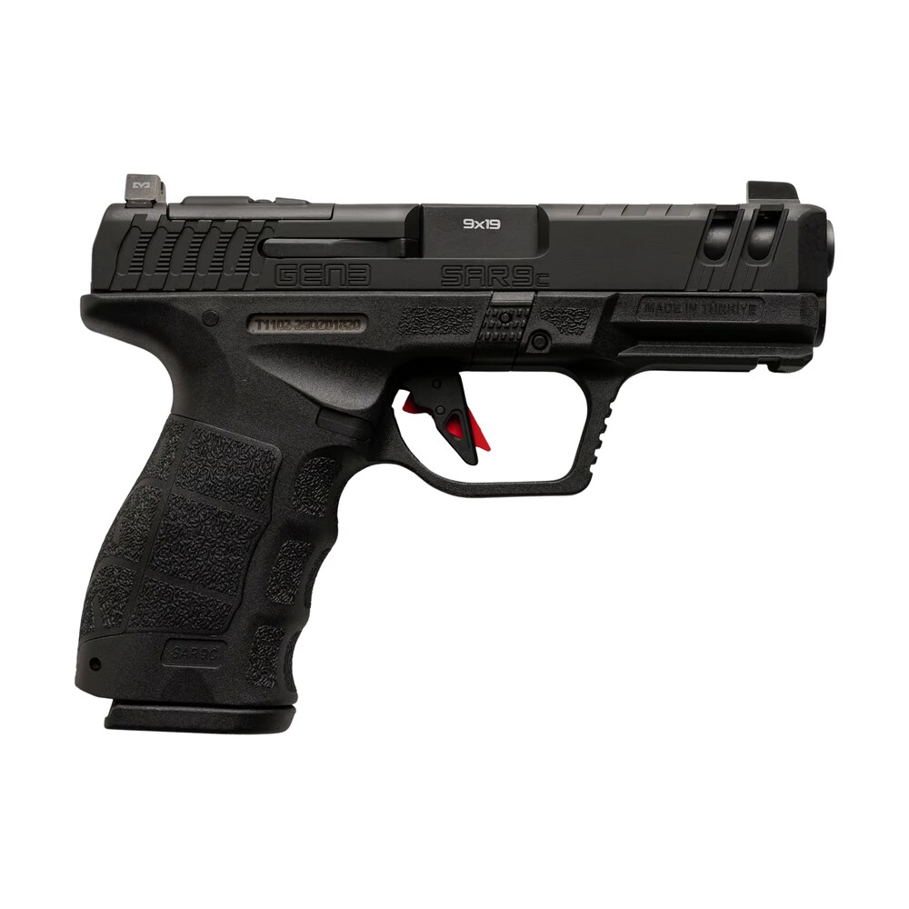 sarsilmaz sar9cg3bl10 sar9 gen3 compact 9mm luger 10+1 4.10" black barrel, black steel optic cut/serrated slide, black polymer frame w/picatinny rail, textured grip, rmsc footprint Sarsilmaz SAR9CG3BL10 SAR9 Gen3 Compact 9mm Luger 10+1 4.10" Black Sports South item 194639