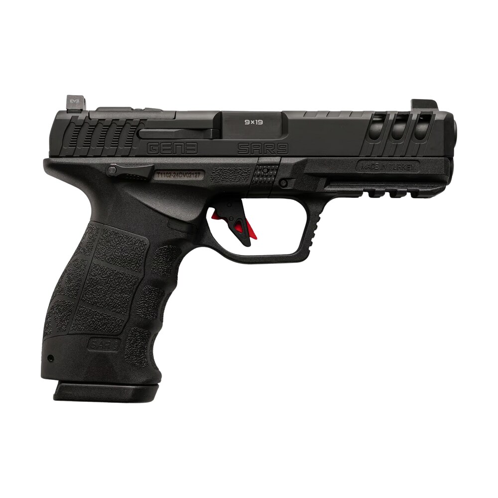 sarsilmaz sar9g3bl10 sar9 gen3 full size 9mm luger 10+1 4.50" black barrel, black steel optic cut/serrated slide, black polymer frame w/picatinny rail, interchangeable backstrap grip, rmsc footprint Sarsilmaz SAR9G3BL10 SAR9 Gen3 Full Size 9mm Luger 10+1 4.50" Black Sports South item 194641
