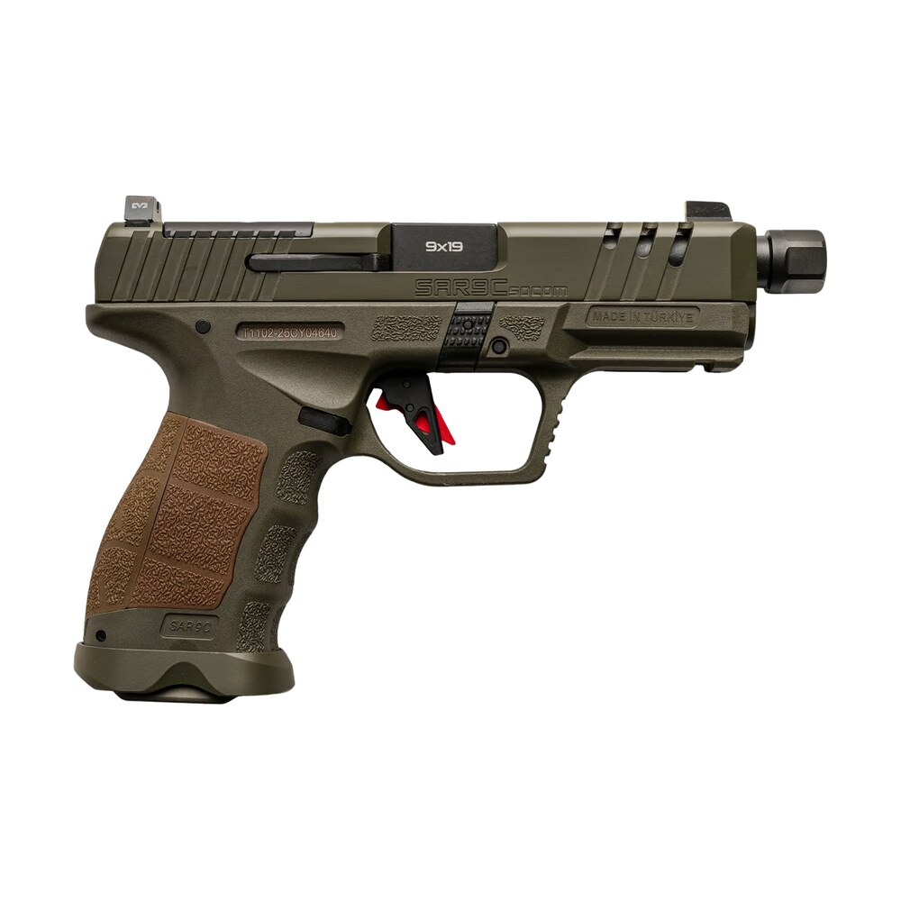 sarsilmaz sar9csocomod10 sar9 socom compact 9mm luger 10+1 4.70" black threaded barrel, od green steel optic cut/serrated slide, od green polymer frame w/picatinny rail, interchangeable backstrap grip Sarsilmaz SAR9CSOCOMOD10 SAR9 SOCOM Compact 9mm Luger 10+1 4.70" Black Threaded Sports South item 194642