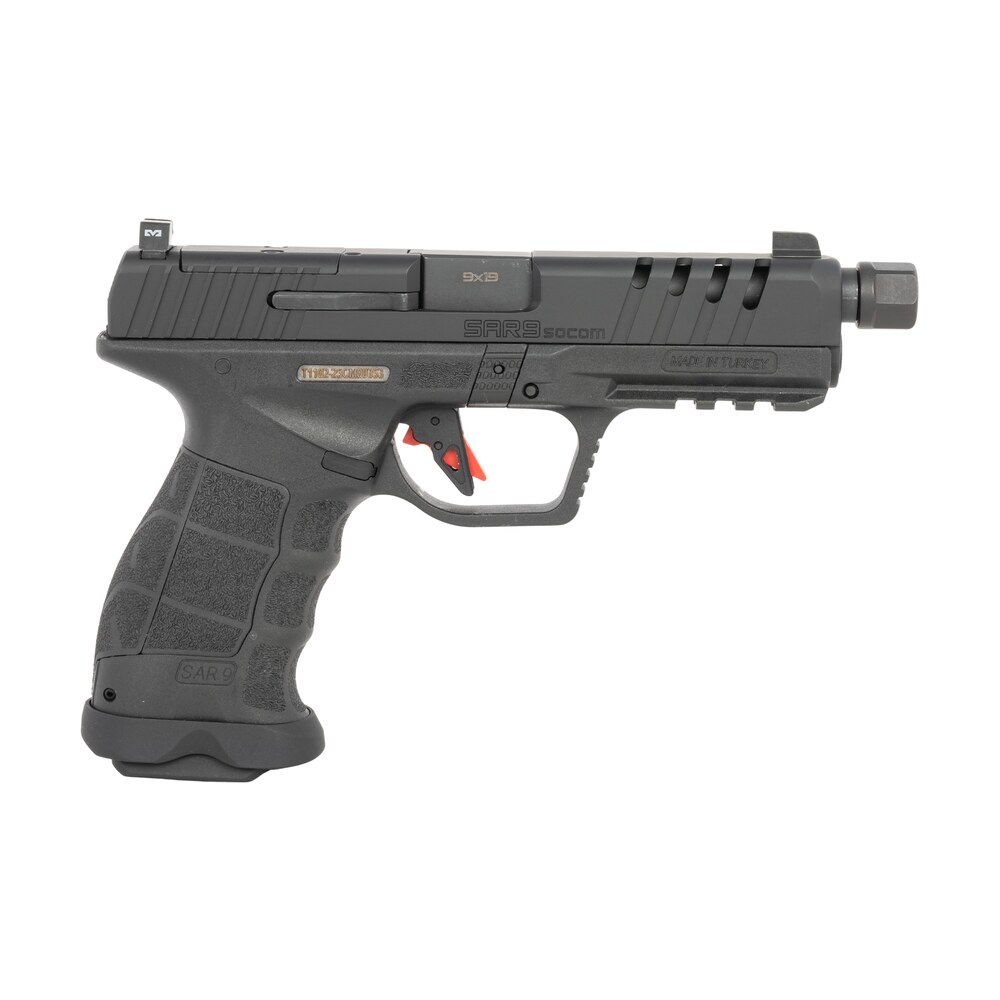 sarsilmaz sar9socombl10 sar9 socom full size 9mm luger 10+1 5.10" black threaded barrel, black steel optic cut/serrated slide, black polymer frame w/picatinny rail, interchangeable backstrap grip, rms Sarsilmaz SAR9SOCOMBL10 SAR9 SOCOM Full Size 9mm Luger 10+1 5.10" Black Threaded Sports South item 194644