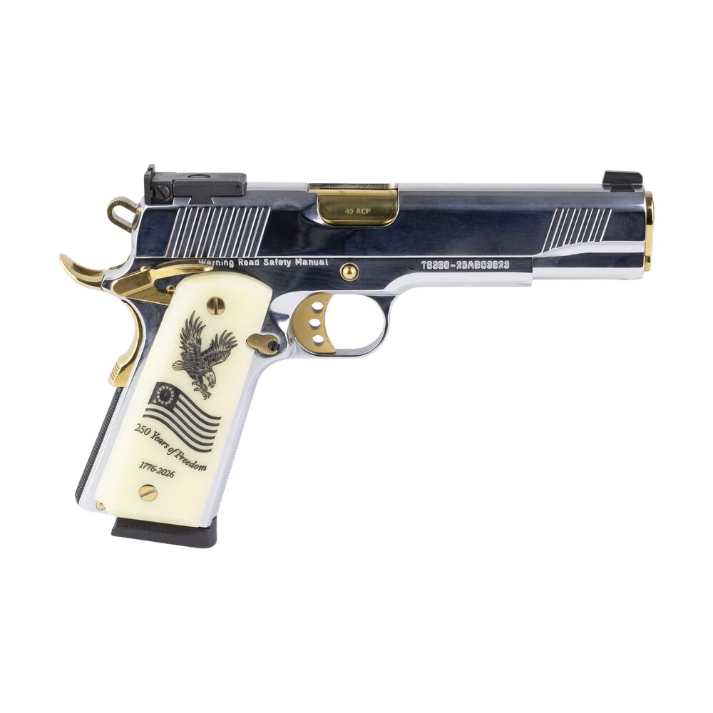 girsan 391096 mc1911 usa 250th 45 acp 8+1 5" polished chrome stainless steel serrated slide & frame w/beavertail, eagle w/flag grip Girsan 391096 MC1911 USA 250th 45 ACP 8+1 5" Polished Chrome Stainless Steel Serrated Slide Sports South item 194851