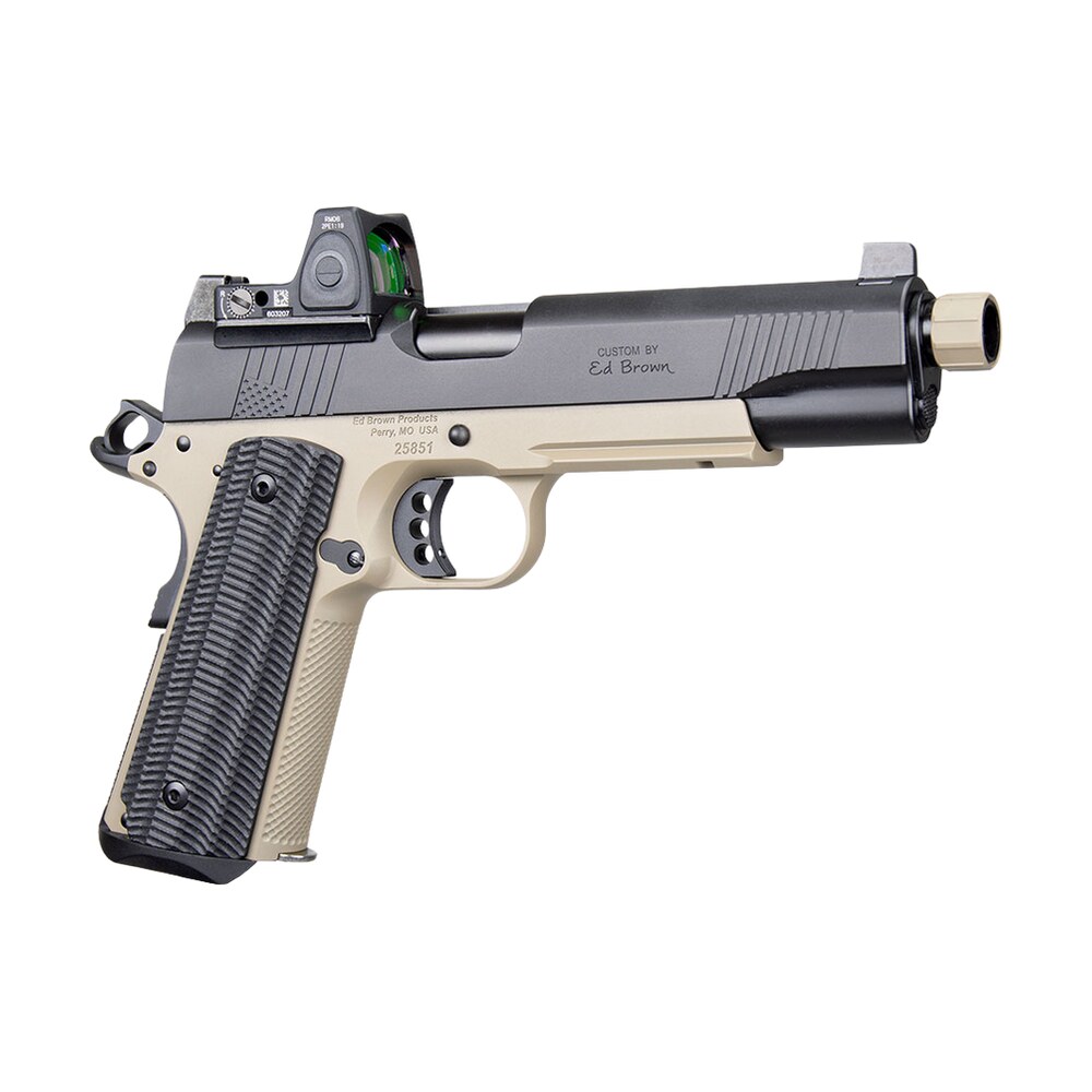 ed brown sfsocm socom gen4 45 acp 8+1 5" black nitride threaded barrel, black gen4 serrated w/optic slide, flat dark earth steel frame w/accessory rail, vz alien grip, trijicon rmr 3.25 moa red dot si Ed Brown SFSOCM SOCOM Gen4 45 ACP 8+1 5" Black Nitride Threaded Sports South item 195553