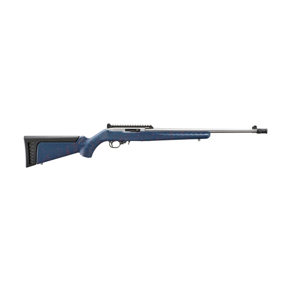 ruger 32039 10/22 250th anniversary 22 lr 10+1 18.50" satin stainless threaded barrel, engraved satin stainless steel receiver w/picatinny rail, liberty blue w/red & white splatter ruger modular syste Ruger 32039 10/22 250th Anniversary 22 LR 10+1 18.50" Satin Stainless Threaded Sports South item 196194