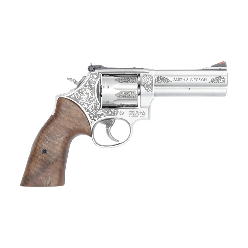 smith & wesson 14783 model 686 + l frame medium 357 mag/38 special +p 7 shot 4.13" stainless steel engraved barrel, cylinder & frame, tyler gun works bear hugger walnut grip, exposed hammer Smith & Wesson 14783 Model 686 + L-Frame Medium 357 Mag/38 Special +P 7 Shot 4.13" Sports South item 196466