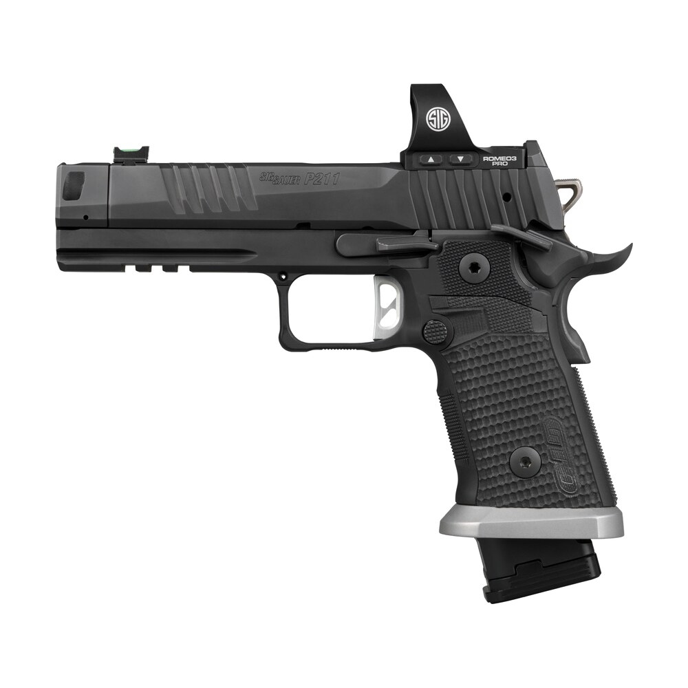 sig sauer p211 gto w/optic 9mm luger 23+1 4.40" bull barrel, black nitron stainless steel serrated w/optic slide & frame w/beavertail & picatinny rail, black g10 grip, sig romeo3 pro red dot, ambidex Sig Sauer P211 GTO w/Optic 9mm Luger 23+1 4.40" Bull Sports South item 197132