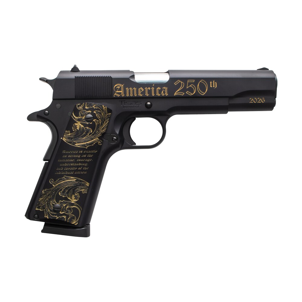 tisas arms 10100518us250 1911 america's 250th full size 45 acp 7+1 5" stainless barrel, black w/gold engraving steel serrated slide, black w/gold engraving steel frame w/beavertail, black w/gold accen Tisas Arms 10100518US250 1911 America's 250th Full Size 45 ACP 7+1 5" Stainless Sports South item 197293
