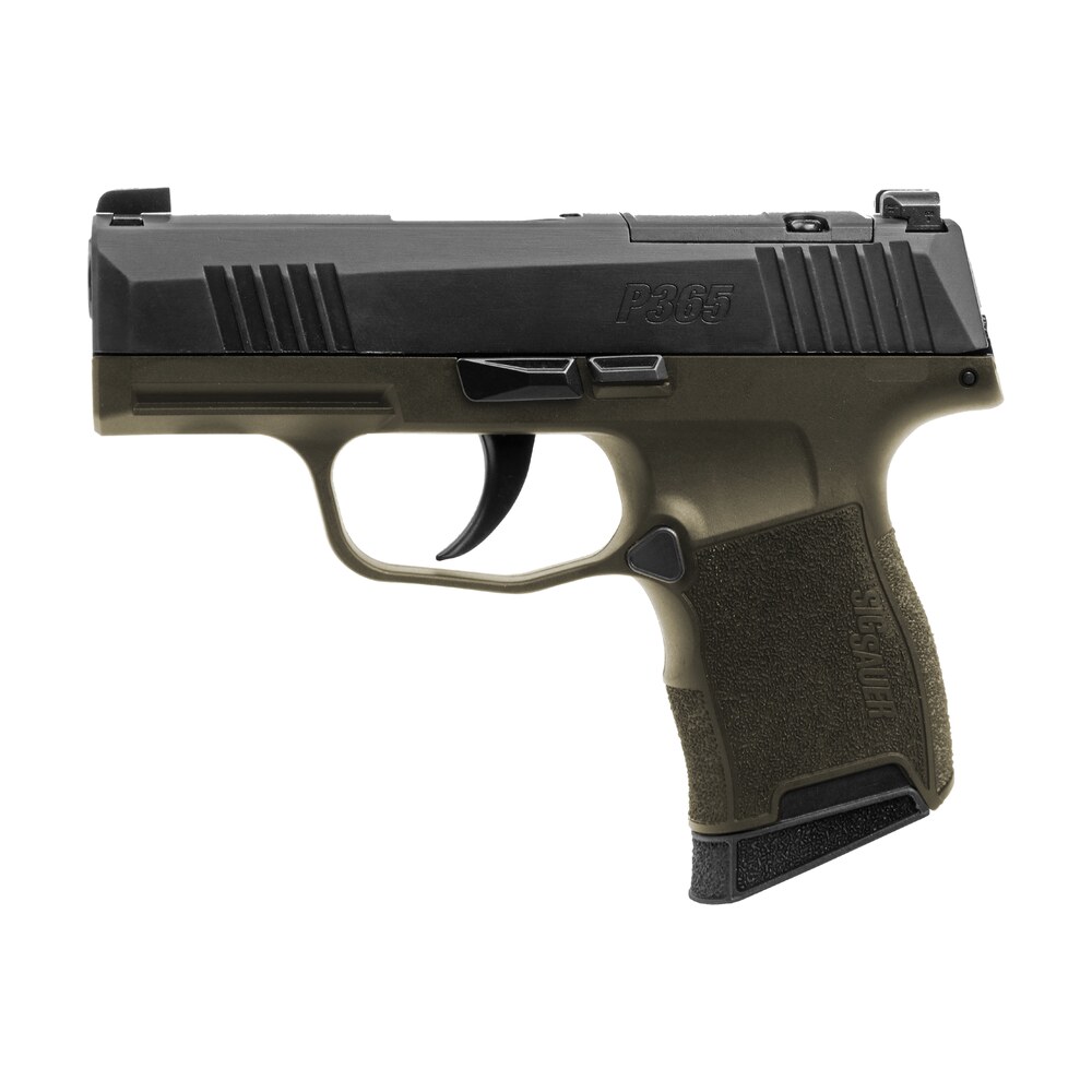 sig sauer 365 9 bxr3 fs p365 fortunate son 9mm luger 10+1 3.10" black dlc barrel, black nitron stainless steel optic ready/serrated slide, od green cerakote stainless steel frame w/accessory rail, pol Sig Sauer 365-9-BXR3-FS P365 Fortunate Son 9mm Luger 10+1 3.10" Black DLC Sports South item 197613