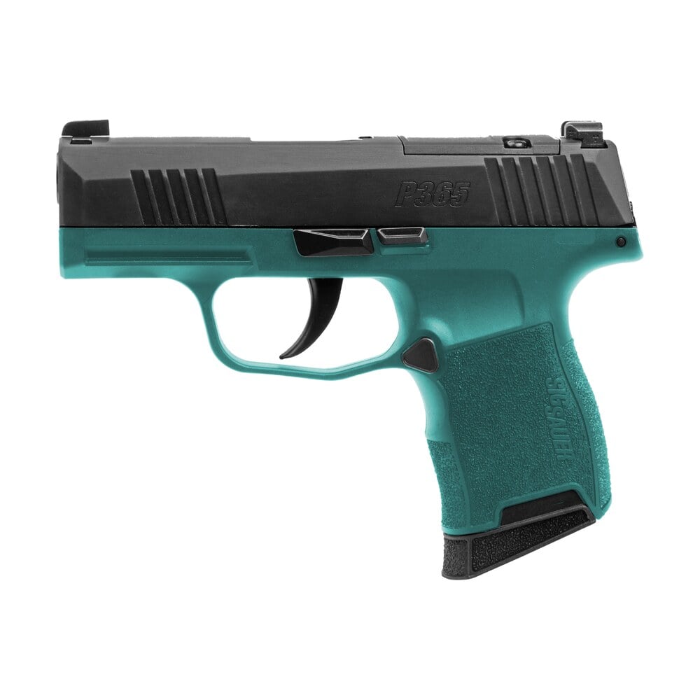 sig sauer 365 9 bxr3 bb p365 bama breeze 9mm luger 10+1 3.10" black dlc barrel, black nitron stainless steel optic ready/serrated slide, teal cerakote stainless steel frame w/accessory rail, polymer g Sig Sauer 365-9-BXR3-BB P365 Bama Breeze 9mm Luger 10+1 3.10" Black DLC Sports South item 197616
