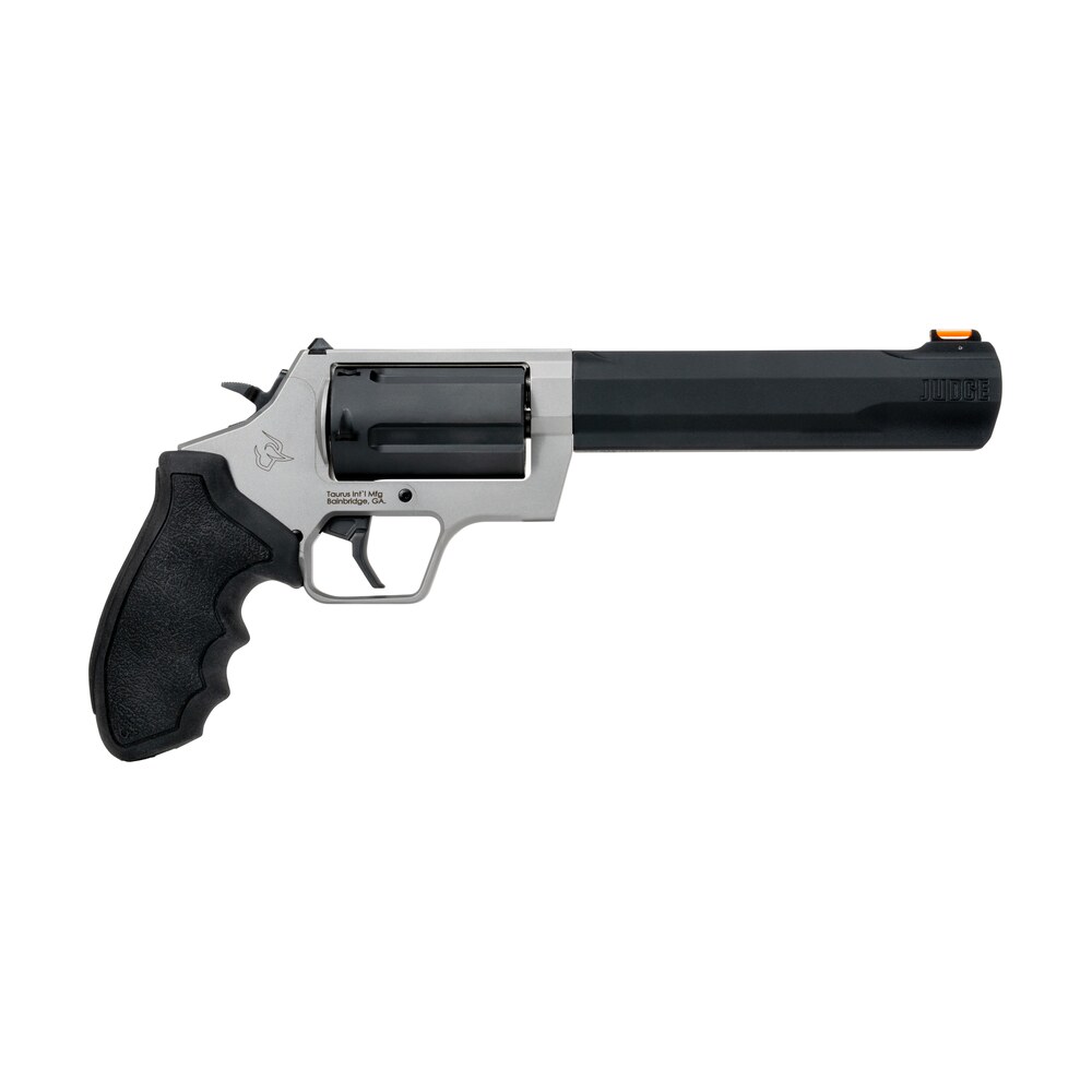 taurus 2 judge65 judge 45 long colt/410 gauge 5 shot 6.50" stainless steel barrel & frame, black stainless steel cylinder, black rubber grip, transfer bar safety Taurus 2-JUDGE65 Judge 45 Long Colt/410 Gauge 5 Shot 6.50" Stainless Steel Barrel & Sports South item 197945
