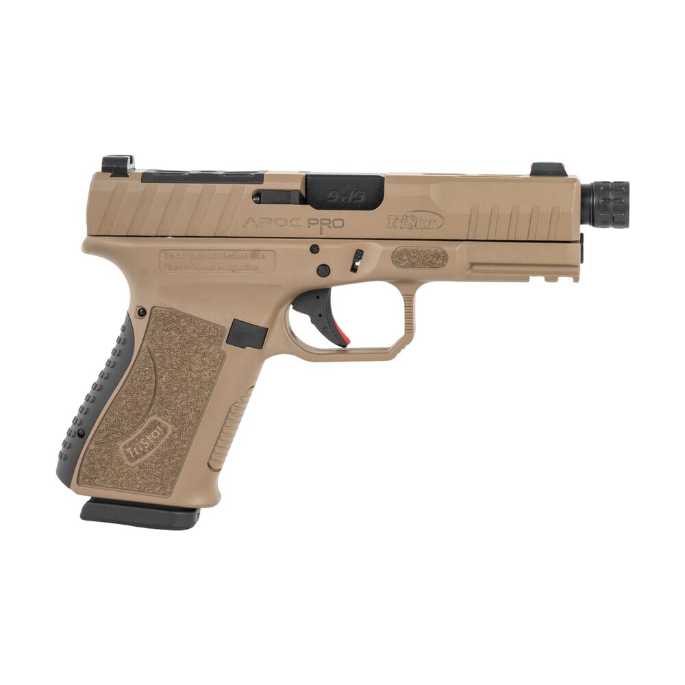 tristar 85784 apoc pro 9mm luger 15+1 4.50" black threaded barrel, flat dark earth cerakote steel optic ready/serrated slide, flat dark earth polymer frame w/picatinny rail, interchangeable backstrap TriStar 85784 Apoc Pro 9mm Luger 15+1 4.50" Black Threaded Sports South item 198038
