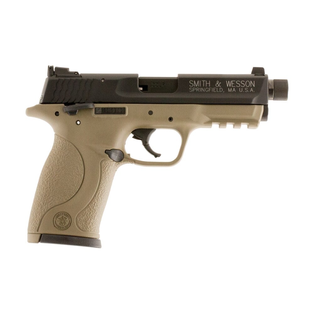 smith & wesson 10242 m&p compact frame 22 lr 10+1 3.60″ black steel threaded barrel & serrated slide, flat dark earth cerakote polymer frame w/picatinny rail, ambidextrous Smith & Wesson 10242 M&P Compact Frame 22 LR 10+1 3.60" Black Steel Threaded Barrel Sports South item 19853