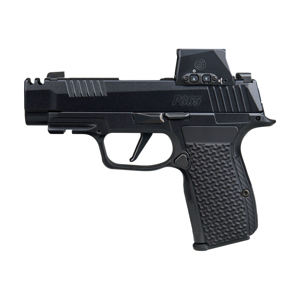 sig sauer p365 axg luxe w/optic micro compact 380 acp 12+1 3.10" black barrel, black pearlescent cerakote stainless steel integrated compensator/optic ready/serrated slide, black frame w/picatinny ra Sig Sauer P365 AXG LUXE Sports South item 198545