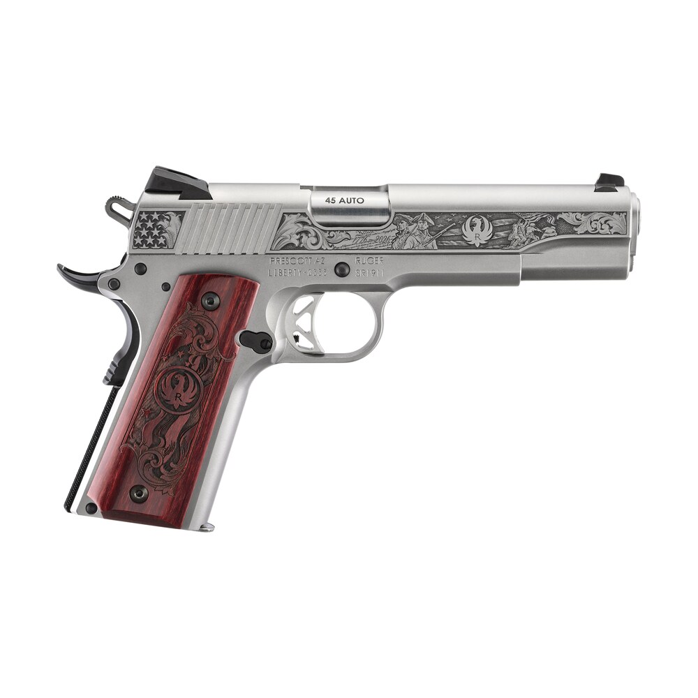 ruger 16707 sr1911 250th anniversary 45 acp 8+1 5" stainless steel barrel, low glare stainless steel serrated slide & frame w/beavertail, custom wood engraved grip Ruger 16707 SR1911 250th Anniversary 45 ACP 8+1 5" Stainless Steel Sports South item 199638