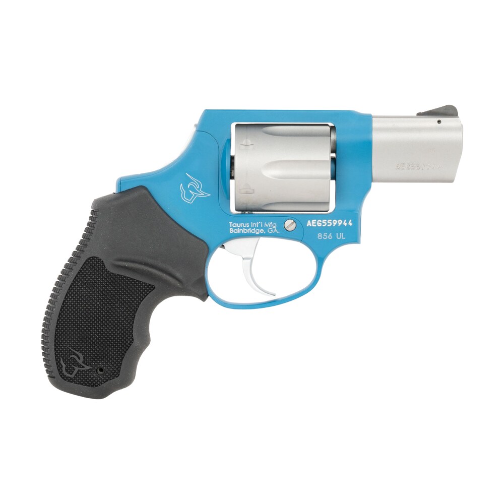 taurus 2 85629ulc23ch 856 ultra lite small 38 special +p 6 shot 2" matte stainless barrel & cylinder, sky blue cerakote aluminum frame, black ribber grip, transfer bar, safety concealed hammer Taurus 2-85629ULC23CH 856 Ultra-Lite Small 38 Special +P 6 Shot 2" Matte Stainless Barrel & Sports South item 199773