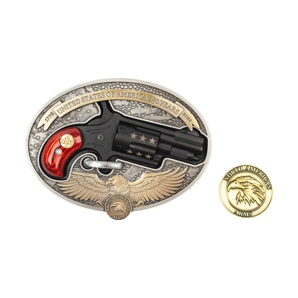 north american arms 22lrbbo250 mini revolver usa 250th mini 22 lr 5 shot 1.13" black cerakote barrel, black cerakote w/bronze stars cylinder, black cerakote stainless steel frame, rosewood birds head North American Arms 22LRBBO250 Mini-Revolver USA 250th Mini 22 LR 5 Shot 1.13" Black Cerakote Sports South item 200221
