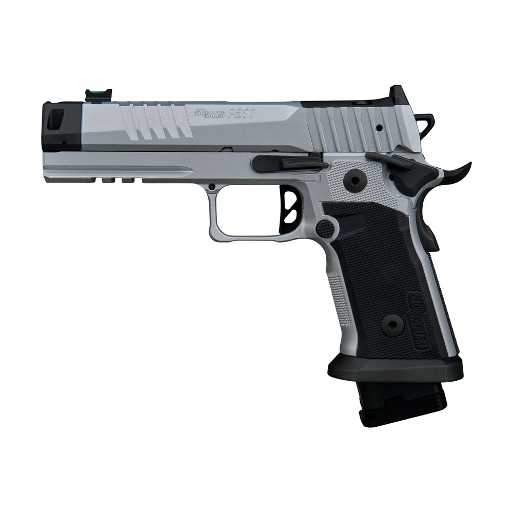 sig sauer 211f9gtosilver p211 quicksilver full size 9mm luger 23+1 4.40" stainless bull w/mach3d compensator barrel, silver cerakote stainless steel integrated compensator/optic ready/serrated slide & Sig Sauer 211F9GTOSILVER P211 Quicksilver Full Size 9mm Luger 23+1 4.40" Stainless Bull Sports South item 200229