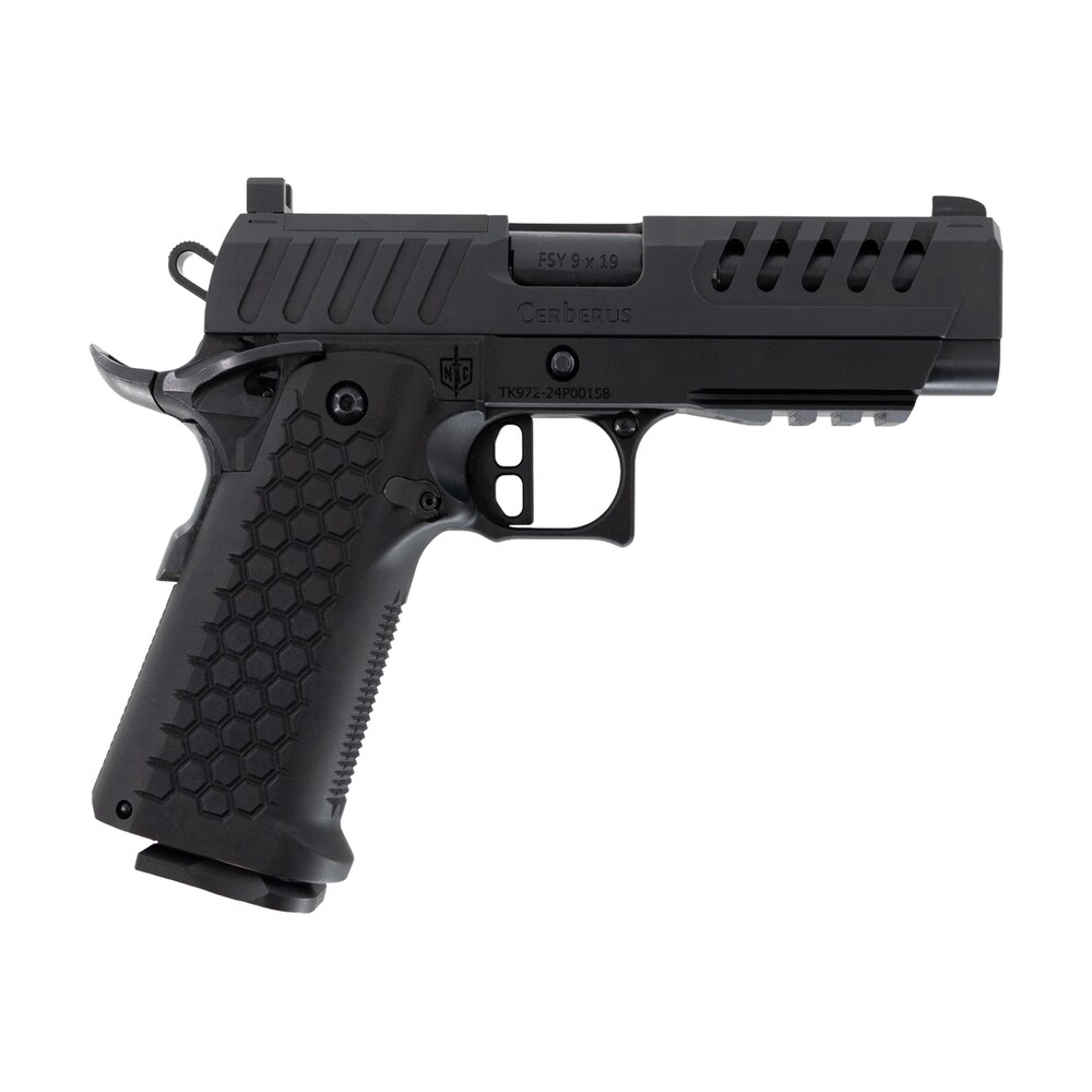mac 12500032 cerberus 9mm luger 17+1 4.40" bull w/target crown barrel, qpq tenifer cerakote optic ready/serrated slide, aluminum grip, rmr footprint MAC 12500032 Cerberus 9mm Luger 17+1 4.40" Bull Sports South item 200354