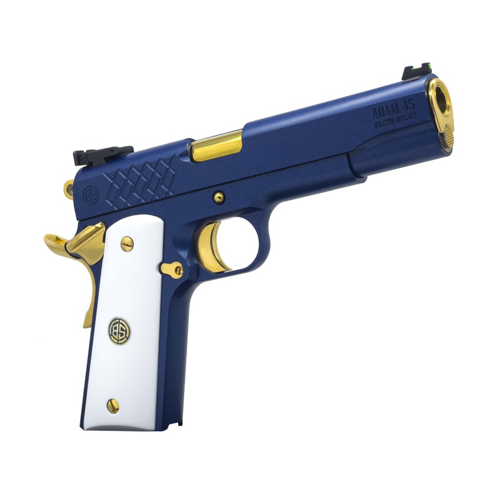 dickinson llc dksn45sm adam 1911 sapphire full size 45 acp 8+1 5" gold barrel, blue sapphire steel slide & frame w/beavertail white grip Dickinson LLC DKSN45SM Adam 1911 Sapphire Full Size 45 ACP 8+1 5" Gold Sports South item 200589