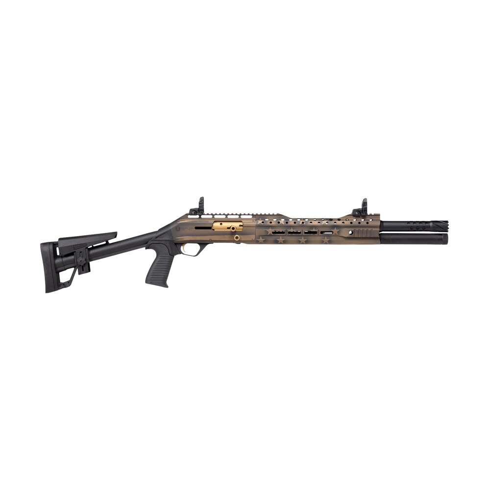 panzer arms paeg240tsbbusfc 240 12 gauge semi auto 3" 5+1 18.50" black ported barrel, black & bronze us flag cerakote w/gold accents aluminum receiver w/picatinny rail, black skeleton stock w/pistol g Panzer Arms PAEG240TSBBUSFC 240 12 Gauge Semi-Auto 3" 5+1 18.50" Black Ported Sports South item 200780