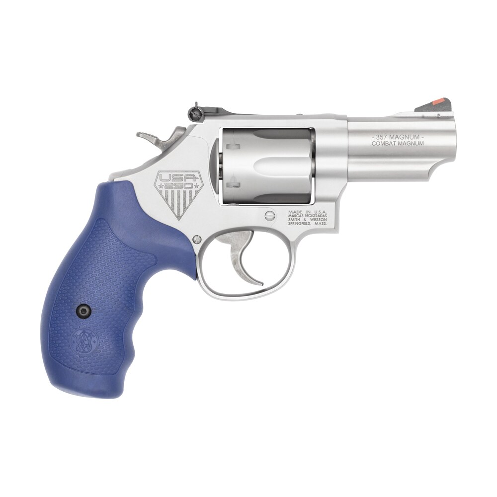 smith & wesson 14958 model 66 combat magnum america's 250th limited edition k frame 38 special +p/357 mag 6rd shot 2.75" engraved stainless steel frame w/usa 250, blue textured grip, no safety Smith & Wesson 14958 Model 66 Combat Magnum America's 250th Limited Edition K-Frame 38 Sports South item 201468