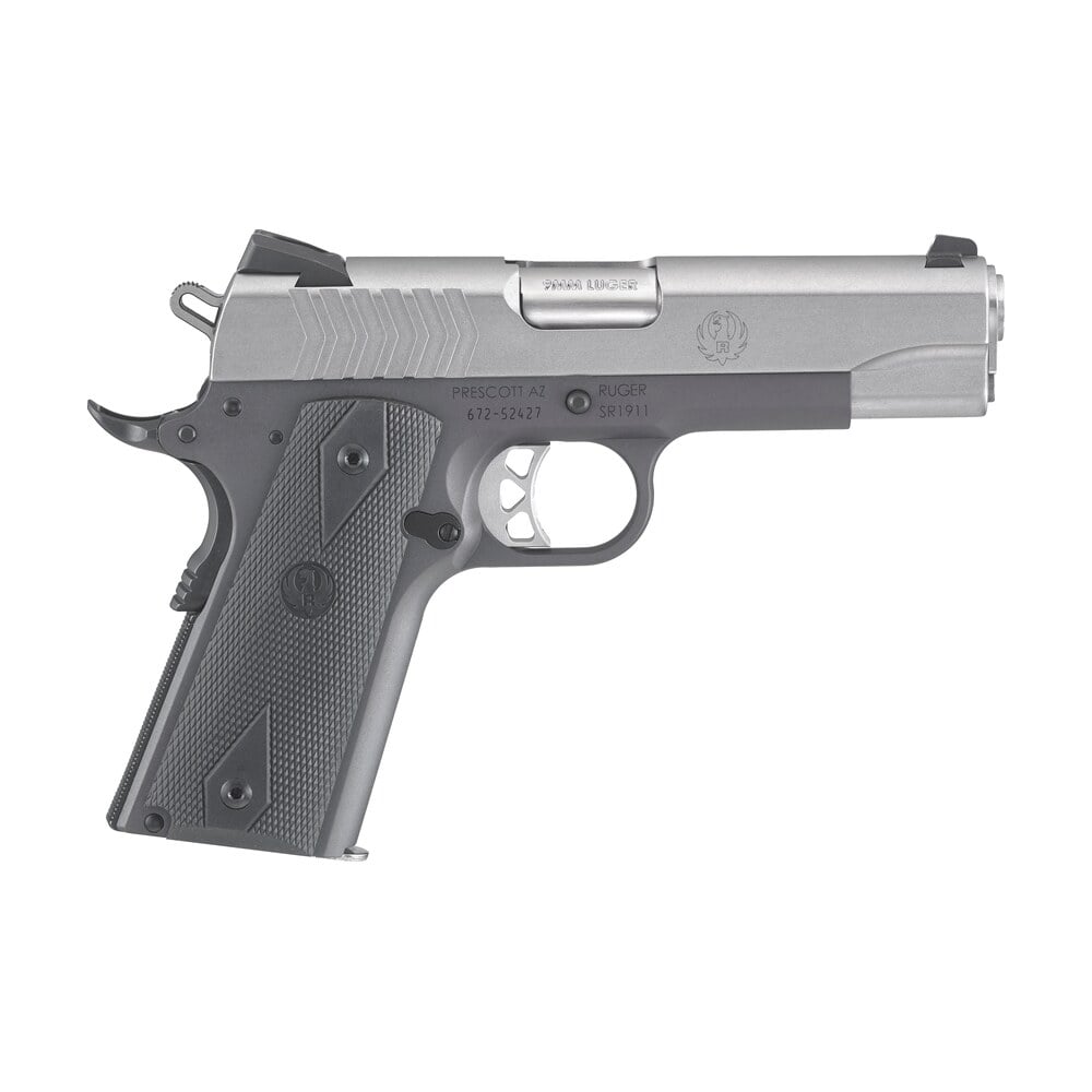 ruger 6722 sr1911 commander style 9mm luger 9+1 4.25″ stainless steel barrel, low glare stainless serrated steel slide, tungsten gray cerakote aluminum frame w/beavertail, black rubber grip Ruger 6722 SR1911 Commander-Style 9mm Luger 9+1 4.25" Stainless Steel Sports South item 20252