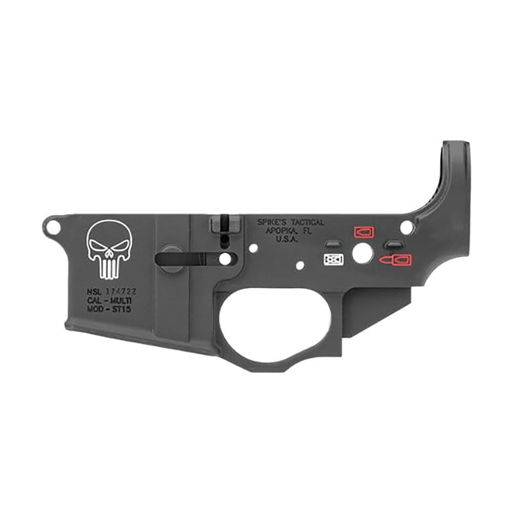 spikes tactical stls015cfa punisher stripped lower receiver multi caliber 7075 t6 aluminum black anodized with color fill for ar 15 Spikes Tactical STLS015CFA Punisher Stripped Lower Receiver Multi-Caliber 7075-T6 Aluminum Sports South item 20400