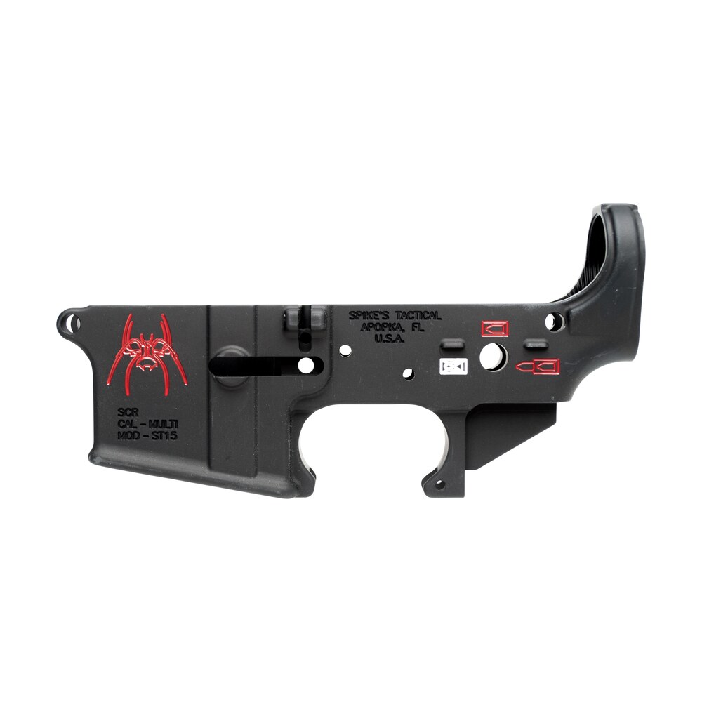 spikes stls019cfa spider stripped lower receiver multi caliber 7075 t6 aluminum black anodized with color fill for ar 15 Spikes STLS019CFA Spider Stripped Lower Receiver Multi-Caliber 7075-T6 Aluminum Black Anodized Sports South item 20402