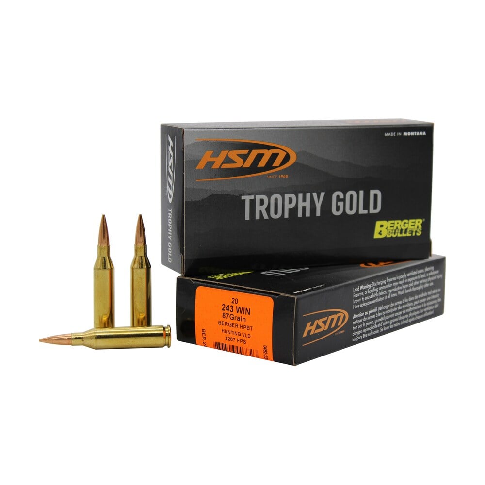 hsm 24387vld trophy gold extended range 243 win 87 gr berger hybrid tactical open tip match 20 per box/ 25 case HSM 24387VLD Trophy Gold Extended Range 243 Win 87 gr Berger Hybrid Tactical Open Tip Match 20 Sports South item 2129