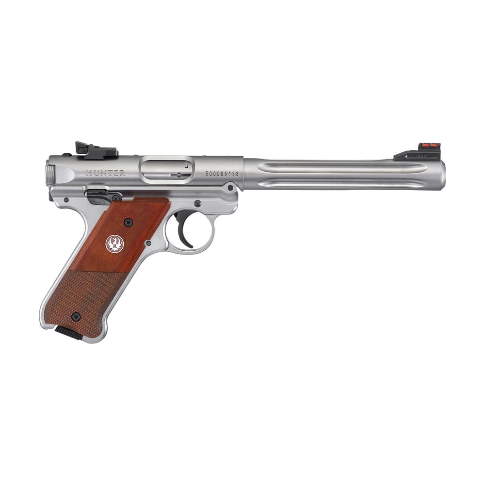 ruger 40118 mark iv hunter 22 lr 10+1 6.88″ satin stainless fluted bull barrel, satin stainless steel frame, drilled & tapped receiver, checkered laminate grip, right hand Ruger 40118 Mark IV Hunter 22 LR 10+1 6.88" Satin Stainless Fluted Bull Sports South item 22349