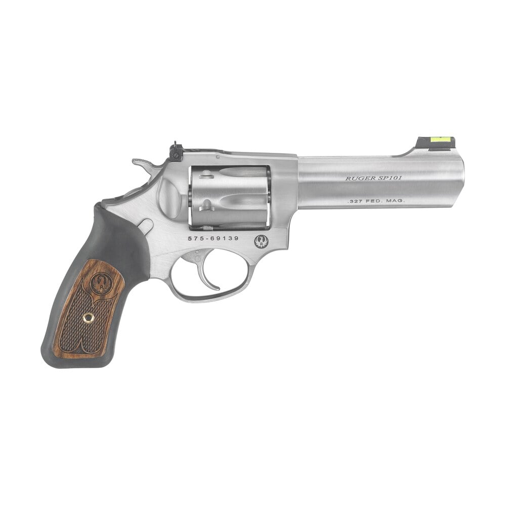 ruger 5773 sp101 small frame 327 federal mag 6rd, 4.20″ satin stainless steel barrel, cylinder & frame, black rubber w/wood insert grip, exposed hammer, transfer bar safety Ruger 5773 SP101 Small Frame 327 Federal Mag 6rd, 4.20" Satin Stainless Steel Sports South item 2250