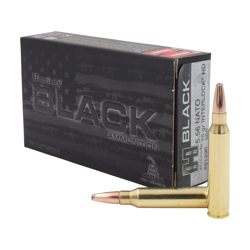 hornady 81296 black 5.56x45mmnato 75gr interlock heavy duty 20 per box/10 case Hornady 81296 Black 5.56x45mmNATO 75gr InterLock Heavy Duty 20 Per Box/10 Case Sports South item 22879