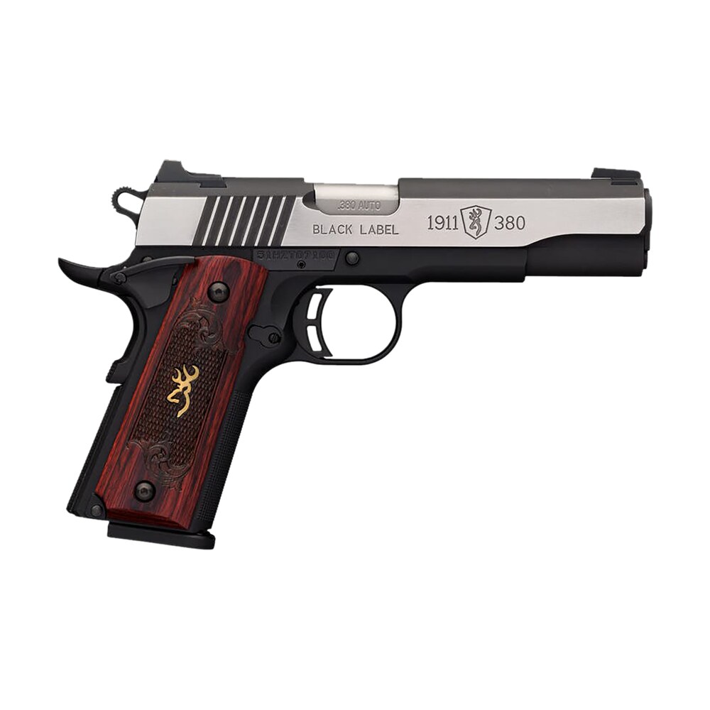 browning 051914492 1911 black label medallion pro 380 acp 8+1 4.25″ target crown barrel, blackened w/silver polished flats serrated ss slide, matte black polymer frame w/beavertail Browning 051914492 1911 Black Label Medallion Pro 380 ACP 8+1 4.25" Target Crown Sports South item 23087